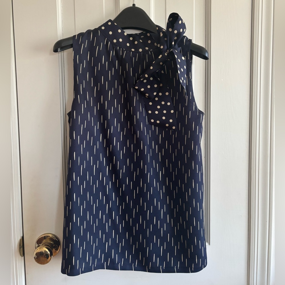Anthropologie Navy Silk Sleeveless Top with Polka Dot Bow